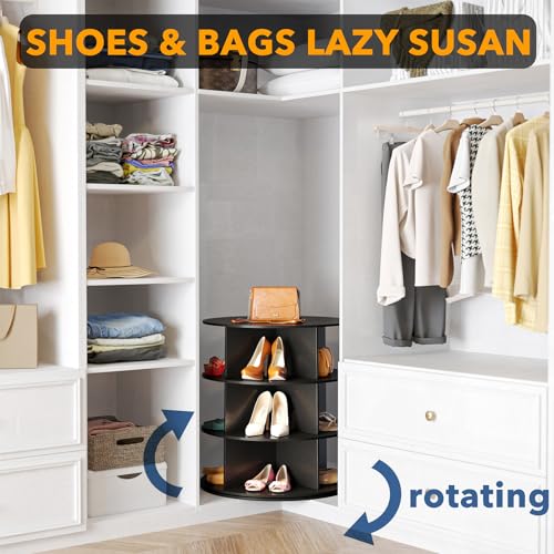 SpaceAid 3 Tier Rotating Shoe Rack Tower, Spinning Shoe Display Lazy Susan, Revolving 360 Shoe Rack Storage Round Carousel, Vertical Handbag Rotate Shoes Closet Organization (3-Tier Black)