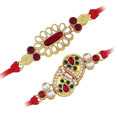 Image of Peora Rakhshabandhan Thread Rakhi for Brother Bhaiya | Kundan Beads & Crystal Studded | Combo Set of 2 | Rakhi Hamper Roli Chawal & Greeting Card