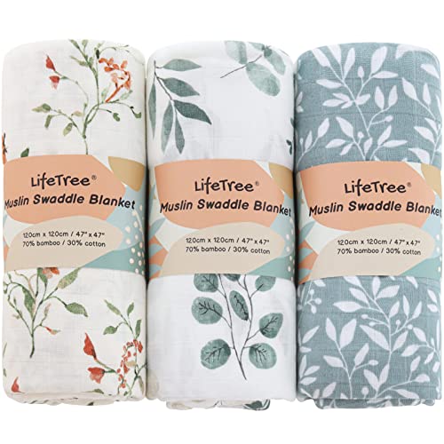 Image of LifeTree Muslin Swaddle Blankets, 3 Pack Baby Swaddling Neutral Receiving Blanket for Boys & Girls, Bamboo Cotton, Eucalyptus/Florals/Leave Pattern, Large 47 x 47 inches