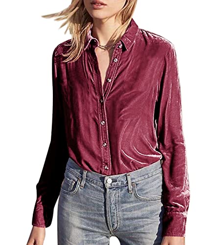 R.Vivimos Womens Winter Velvet Long Sleeve Button Down Casual Tops Shirts (Medium, Plum Red)