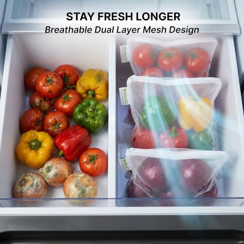 Image of DALUCI Vegetable Bags for Fridge Set of 12 Reusable Fridge Storage Bags for Vegetables and Fruits with Zipper Dual Layer Mesh Vegetable Storage Bags Multi Size Refrigerator Organizer Bags (White)