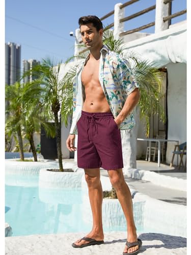 Image of RQP Mens Cotton Linen Shorts Casual Drawstring 7inch Inseam Shorts Stretch Summer Beach Wear