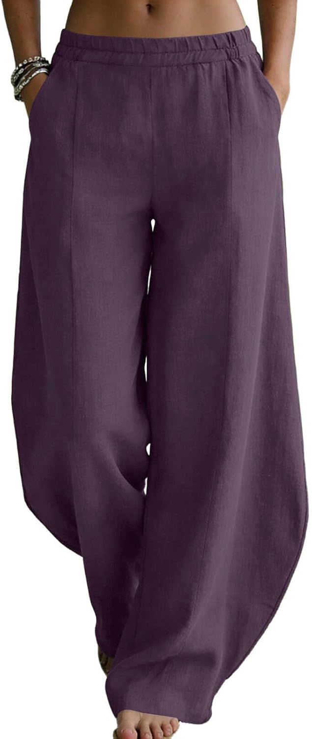 Wide Leg Pants for Women Flowy Elastic High Waist Palazzo Trousers with Pockets Summer Beach Vacation Clothes