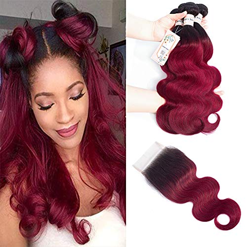 Burgundy Body Wave Ombre Brazilian Hair Bundles With Closure 3 Ombre Human Hair Bundles And Closure 1B99J Black to Burgundy (12 14 16+10)