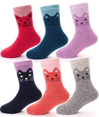 Girls Boys Wool Socks Thick Warm Thermal For Kid Child Toddlers Cotton Winter Crew Socks 6 Pairs (1-3 Y, Cat)