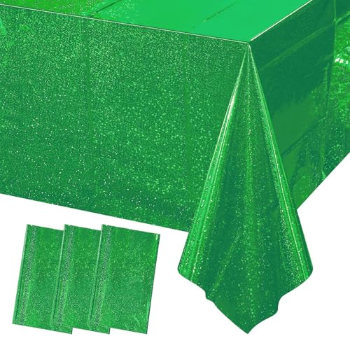 MOMAHUA 3 Pack Glitter Table Cloth,Green Plastic Glitter Tablecloth for Iridescent Party,137x274cm Shiny Table Cover,Diamond Foil Rectangular Tablecloth for Wedding,Birthday,Garden Party Decor