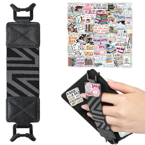 KIRZAX Correa de Mano Kindle, para 6-8 Kindle eReaders/Fire Tableta, Halter Elasticó Légero, Soporte de Dedo para Kindle/Kobo/Sony, Negro + 50 Pegatinas de Lectura