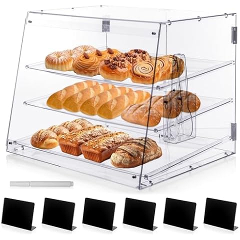 MewVeer 3-Tray Bakery Display Case, Acrylic Clear Display Case Countertop for Bread Pastry Dessert Food Cookie Display, Display Cabinet Box for Baking Enthusiasts - 20.86 x 17.3 x 16.5 inch Cover