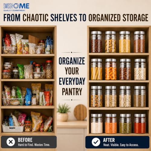 Image of SwissHome Kitchen Storage Containers Set with Spoons, Airtight Food Grade Storage Jars, Transparent Pantry Containers for Rice, Pulses, Dry Fruits, Pasta & Spices (Grey 12 Pcs)