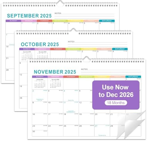 Gannyfer 2026 Wall Calendar, 18-Month Calendar 2025-2026, Use Now Until Dec 2026, Hanging Spiral Bound Academic Desk Calendars 17