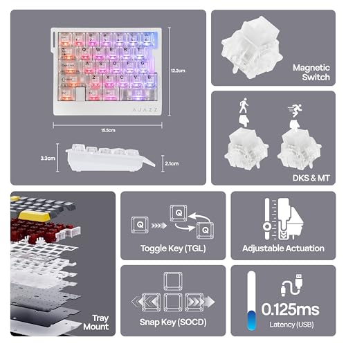 Image of MechLands AJAZZ AK029 One Handed Gaming Keyboard, 8Khz Polling, 29 Keys Rapid Fast Wired Keyboard, SOCD & DKS, Magnetic Switch, Adjustable Actuation, RGB Backlits, Aluminum Plate (White Transparent)