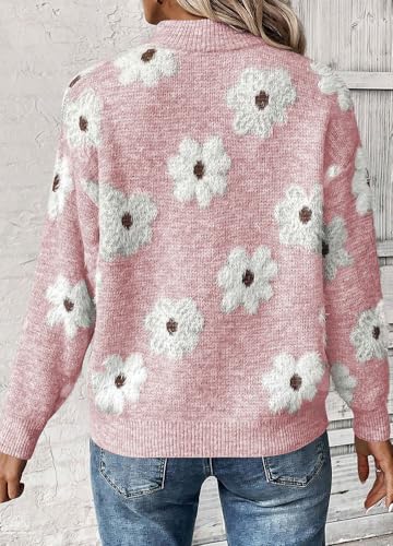 chouyatou Women's Fall Cute Floral Polo Collared Sweater 1/2 Zip Up Fuzzy Jacquard Knit Pullover Jumper Tops2