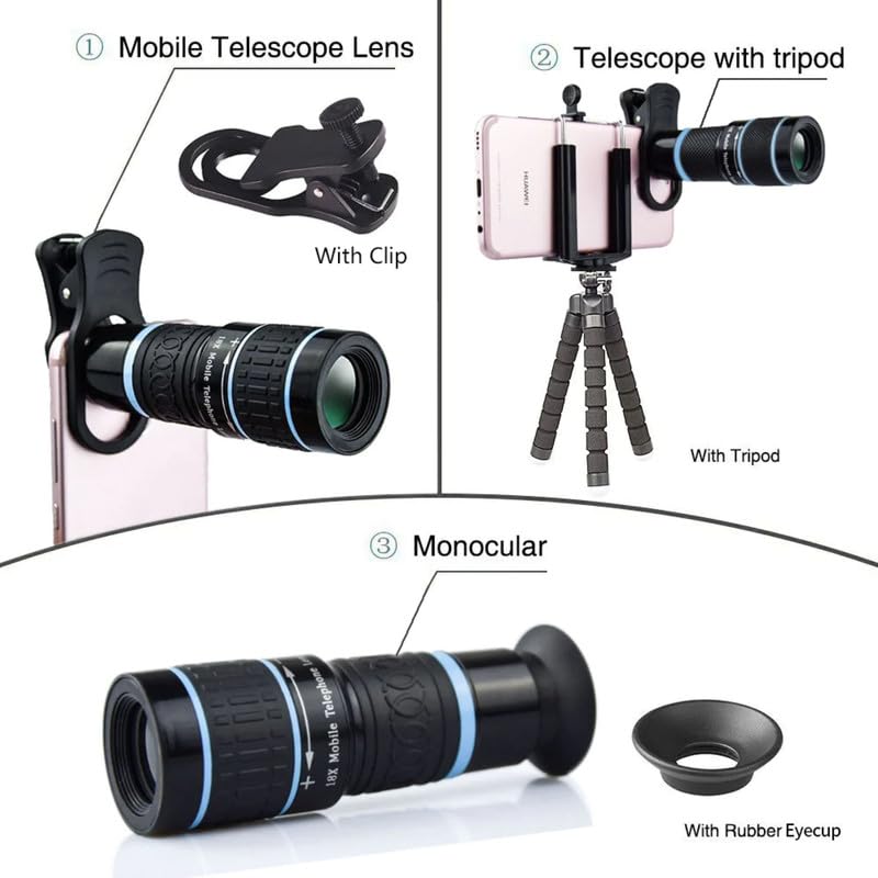 Image of Drumstone 18x Optical Zoom Mobile Telescope Lens Kit for All Mobile Cameras, Featuring a Background Effect Lens & Multi-Angle Lens