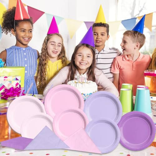 Image of CMUSKO Pink and Purple Decorations-150Pcs Light Purple Pink Plates and Napkins Serves 50,Lavender Tableware Birthday,Birthday,Wedding