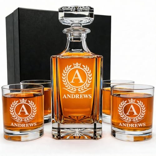 Personalized Whiskey Decanter Set with Glasses for Men - Custom Bourbon Decanter Sets 4 Designs - Laser Engraved Customized Whiskey Glasses - Personalized Whisky Bottle Groomsmen Gift