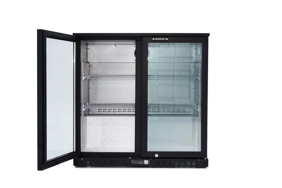 GastroHero Barkühlschrank ECO 230 schwarz 218 Liter Getränkekühlschrank unterbaufähig LED 2 Glastüren Umluftkühlung