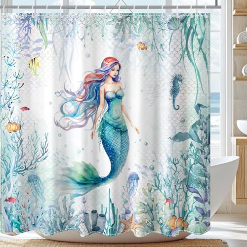 Mocsicka Mermaid Shower Curtain for Kids Girls Summer Blue Ocean Shower Curtain with 12 Hooks Green Coral Seashell Jellyfish Fish Waterproof Fabric Disney Mermaid Bathroom Decor, 72 x 72 Inch
