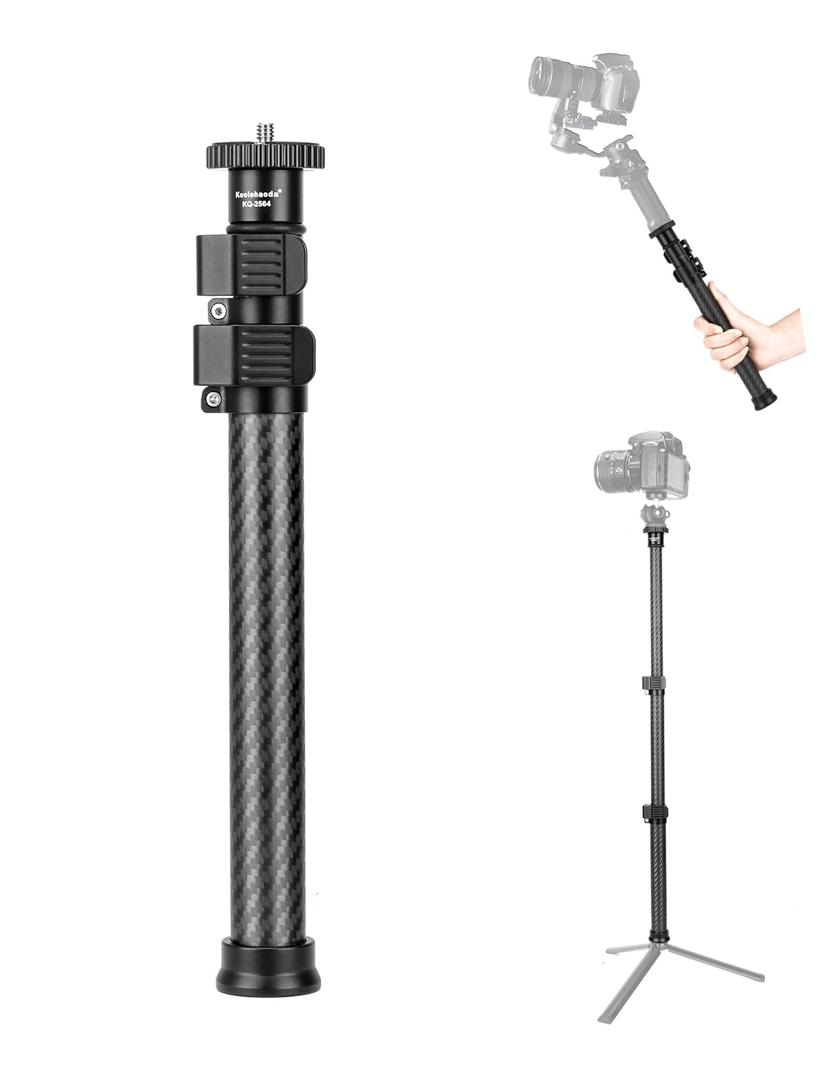 Koolehaoda Stativ Verlängerungsstange aus Kohlefaser, 3-Teilige Mittelsäule Verlängerung-Teleskopstange mit 1/4"- bis 3/8"-Schraube kompatibel mit Kameras/Stativen/Kugelköpfen/Gimbals