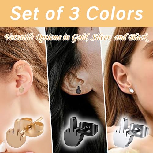 3 Pairs Punk Middle Finger Earrings Stud Cool Stainless Steel 20g Silver 'Fuck You' Studs for Men Funny Male Earings Men’s Earring Jewelry (Gold Black Silver)2