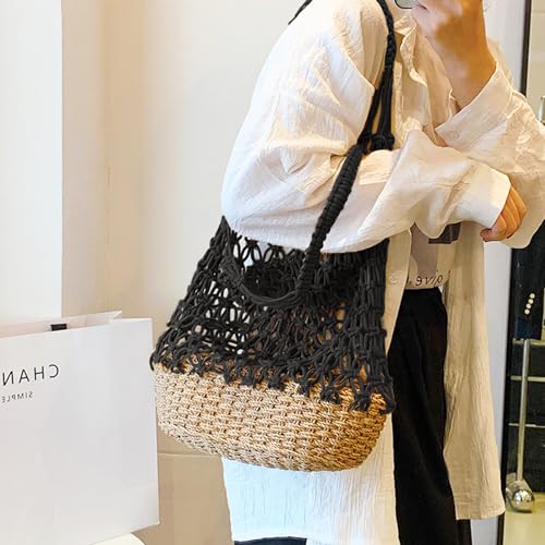 Bolsa tote tejida a mano de algodón para mujer negra miniatura 2