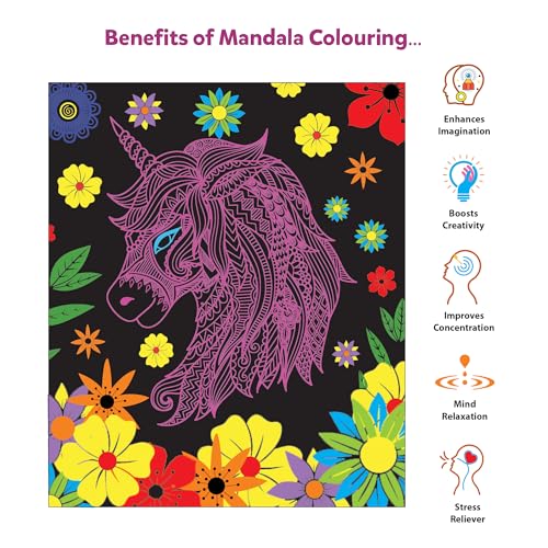 Image of Little Berry DIY Neon Unicorn Mandala Art Kit for Girls 9-12 Years | Art & Craft Kit for Girls | Colouring and Painting Set for Kids with 12 Mandala Designs and Sketch Pens | Gift Set for Kids Age 9+