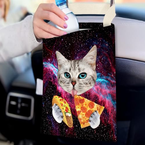 Image of Car Trash Bag Hanging No Snap Small Garbage Bag for Car Back Seat Cute Printed One-handed Strap Trash Bags Car Accessories-Galaxy Pizza Cat Car Trash Bags