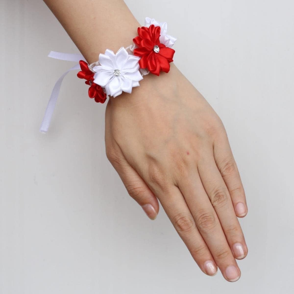 EEfpxwtz Prom corsage wrist flower， Wrist Hand Flowers Multicolor Satin Rose Corsage for Wedding Br Brsmaid SW0678-Z(Red)