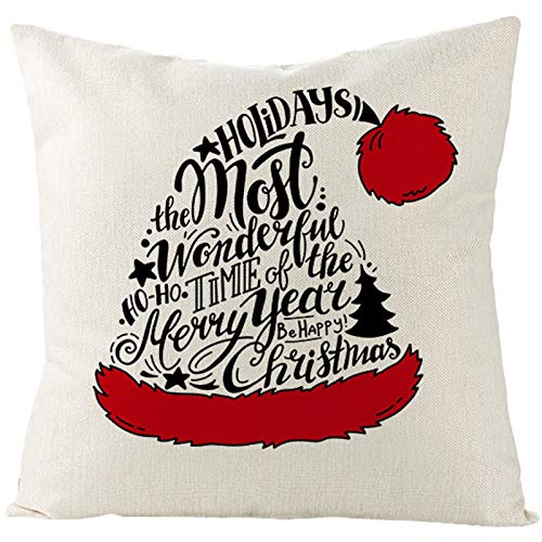 Lieson Coussin Canape Salon, Taie d'oreiller Noël 40x40CM Blanc Noir Rouge Taie D Oreiller Deco Chapeau de Noël Merry Christmas, Lin