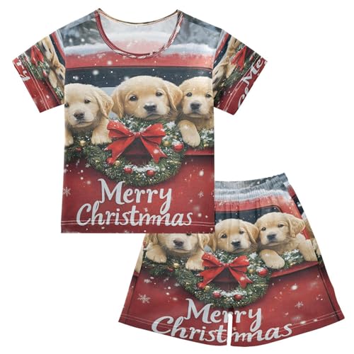 ALAZA Christmas Golden Dog New Year Pajamas Set Short Sleeve Cotton Sleepwear Summer Pjs 2 Piece 5-14Y