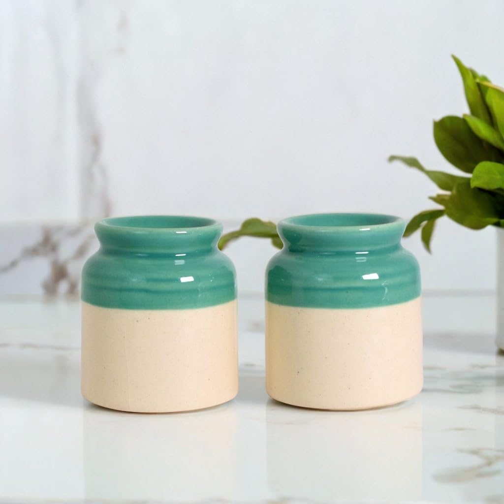 Salt Pepper Set for Dining Table & Kitchen | Ceramic Salt and Pepper Shakers, Salt Pepper Dispenser, Container, Sprinkler | Home | Cafe | Office - 60 ML (Green White)