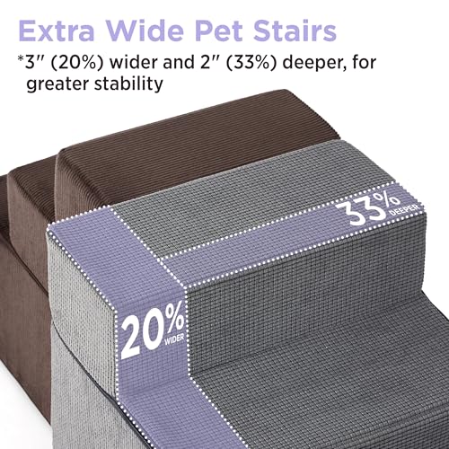Image of Lesure Dog Stairs for Small Dogs and Cats 16.5 inch H x 18 inch W Extra Wide 3-Step Foldable Foam Pet Steps for Couch Sofa and Chairs with Supporting Board and Non-Slip Bottom, Grey