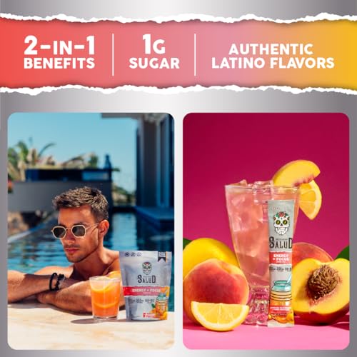 Image of Salud 2-in-1 Energy Drink Powder + Focus, Peach Lemonade, Organic Caffeine, B6 + B12, Theanine, Clean Energy Drink Packets, Agua Fresca Mix, Non-GMO, Gluten Free, Vegan, 1g of Sugar, (15 Servings)