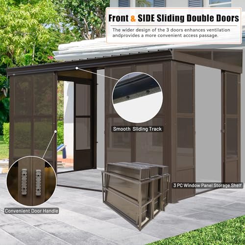 Domi 10x14FT Wall Mounted Sunroom 4 Season, Small Patio Solarium with 3 Sliding Double Doors, Enclosed Lean-to Hardtop Gazebo with Side Walls, Sun Room with Galvanized Steel Roof, Detachable PC Screen - Image 4
