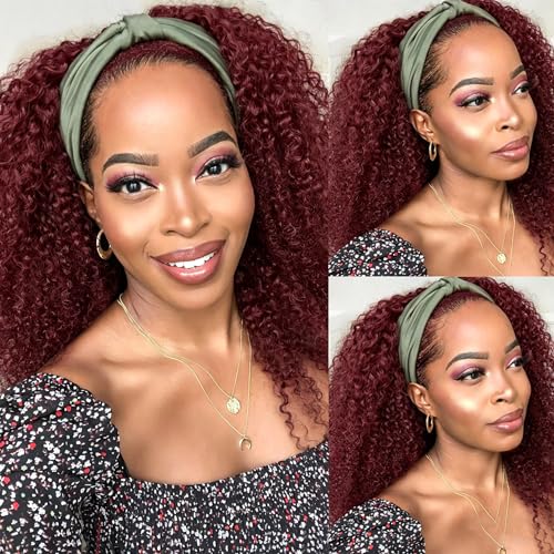 Image of Headband Wig Human Hair 99J Burgundy Kinky Curly Human Hair Headband Wigs 22 Inch Glueless None Lace Front Wig Curly Headband Wig Human Hair Brazilian Virgin Wigs for Black Women 150% Density