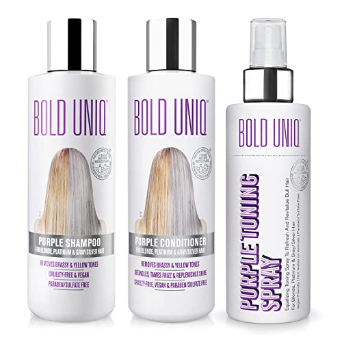 Bold Uniq Purple Shampoo, Conditioner & toning Spray Bundle. Eliminates Brassy Yellow tones. Lightens Blonde, Platinum, Ash, Silver & Grays. Paraben & Sulfate Free. Vegan & Cruelty Free.