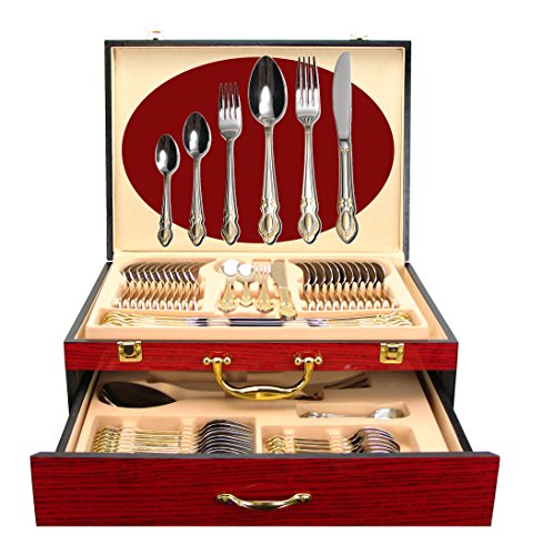 Venezia Collection 75-Pc Luxury Flatware Set for 12 w/Storage Case 24K Gold Premium Dining Cutlery Service - 18/10 Surgical Stainless Steel Silverware Hostess Serving Set in a Chest