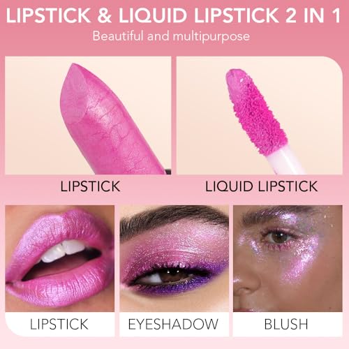 Image of evpct 2 in 1 Hot Pink Glitter Metallic Shimmer Diamond Lipstick and Lip Gloss Set for Women Long Lasting Waterproof, Rose Pink Sparkle Glitter Shiny Lipstick and Lip Liner Makeup Set, 04#
