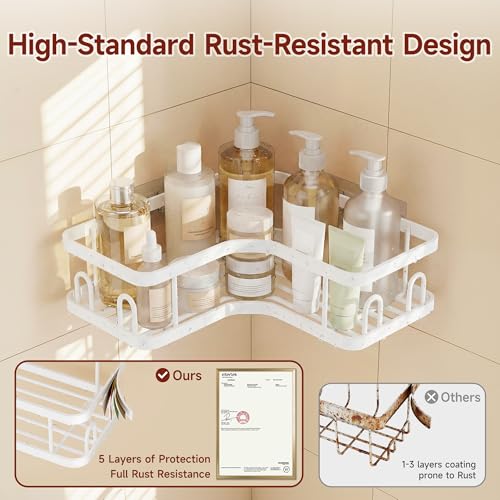 Image of Veken Corner Shower Caddy 3-Pack, Advanced Rustproof Design&Stable Storage | No Drilling Adhesive Shelves, Rack with Soap Holder & Hooks, Thickened Metal Frame, Bathroom Organizers and Storage, White