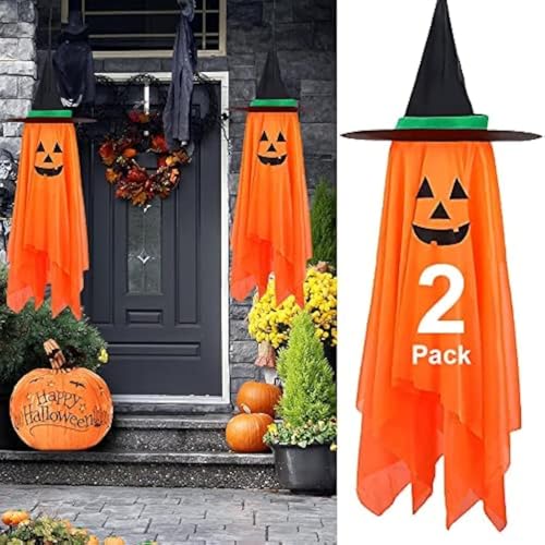 Halloween Decorations, 2 Pack Orange Pumpkin Wizard Hat Pre-Installed Pumpkin Ghost Ghosts Witch Hanging Ornaments Decor for Home Party Garden Indoor Outdoor
