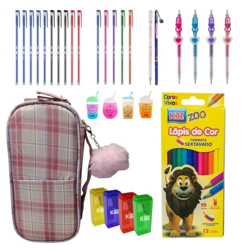 Kit Escolar com 22 Itens Canetas Lápis Estojo Conjunto Aula Apontador Lapiseira Colorido Borracha