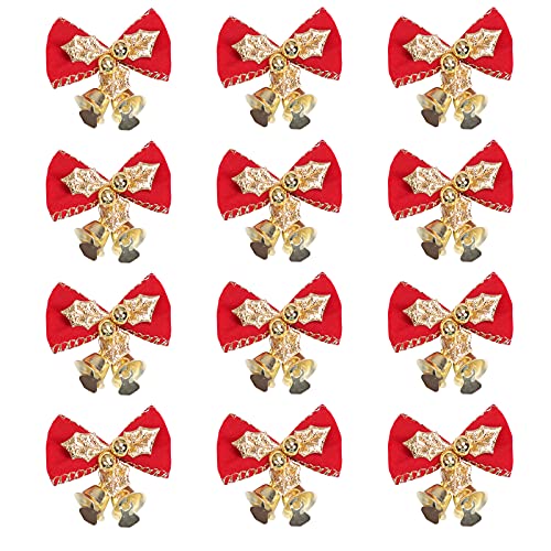 HJHIWE - Confezione da 24 fiocchi di Natale con campanelle, mini fiocco, decorazioni per albero di Natale, ghirlande e decorazioni natalizie.
