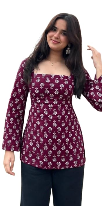 Image of Women's Rayon Printed Short Kurti | Straight Fit Casual Ethnic Top | Square Neck Full Sleeve Ladies Kurti Office College