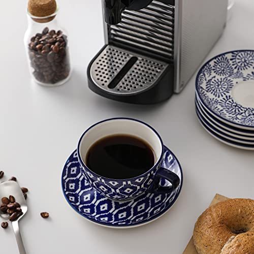 Selamica Ceramic 8 Oz Cappuccino Cup Set With Saucers, Espresso Coffee Cups, Latte Macchiato For Party Cafe Home, Christmas Gift, Set Of 6, Vintage Blue #TOP3