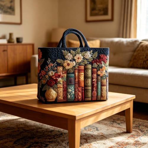 Vintage Books & Flowers Quilted Tote Bags for Women Bookish Womens Handbags - image 7