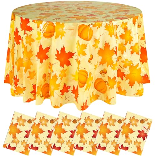 Image of LemonRoad 12 Pcs Fall Plastic Round Tablecloth for Thanksgiving | 84 Inch, Maple Leaves Pumpkin Acorn, Thanksgiving Disposable Table Cover, Autumn Circular Table Cloth for Harvest Party Decor