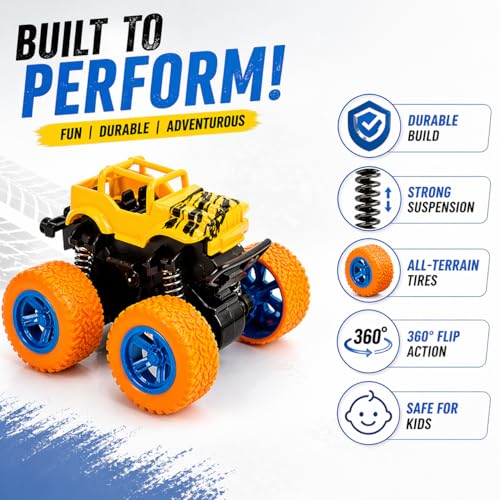 Image of Goyal's 4WD Monster Truck Toy for Kids Friction Powered 4x4 360 Stunt All-Terrain Spin Action Push & Go Off-Road Vehicles Cars Vibrant Colour for Boy Girl (Set of 4 Pcs)