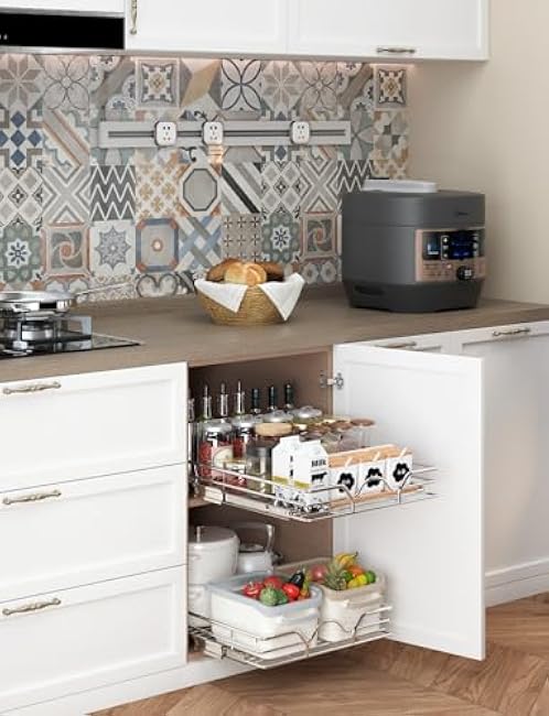 StorageWorks Pull Out Cabinet Organizer, Slide Drawers for Kitchen Cabinets, Bathroom Pantry, Bottom Mount, Chrome-Plated, 17 Lx21 Wx3.7 H, Silver, 1 Pack