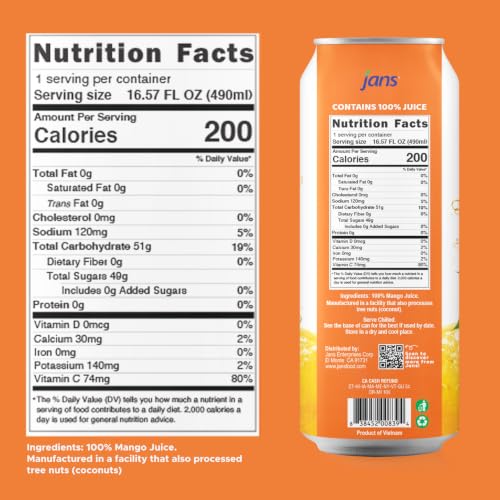 Image of Jans 100% Mango Juice Drink with Real Pulp, 16.57 fl oz, Pack of 12