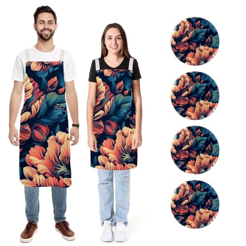 Tablier de cuisine rétro floral lot de 2 imperméable avec poches pour homme et femme