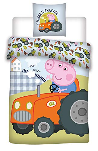 036 Bettwäsche, Peppa Pig Georges Traktor, wendbare Bettwäsche, Kissenbezug 40 x 60 cm + Bettbezug 100 x 135 cm, 100% Baumwolle X